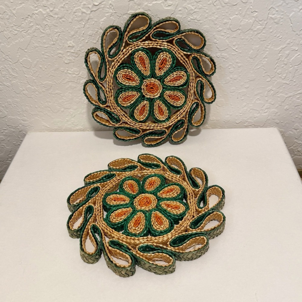 Vtg Straw Trivets Boho‎ Raffia Woven Hot Pot Kitchen Cooking Housewarming Gift